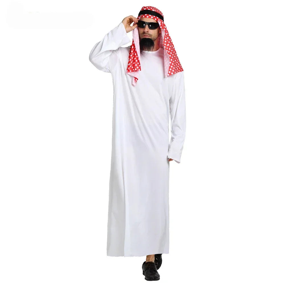2025 New Adult Men Arabian Arab Sheikh Costume Middle East Clothes Sultan White Robe Red Headband Purim Halloween Fancy Dress