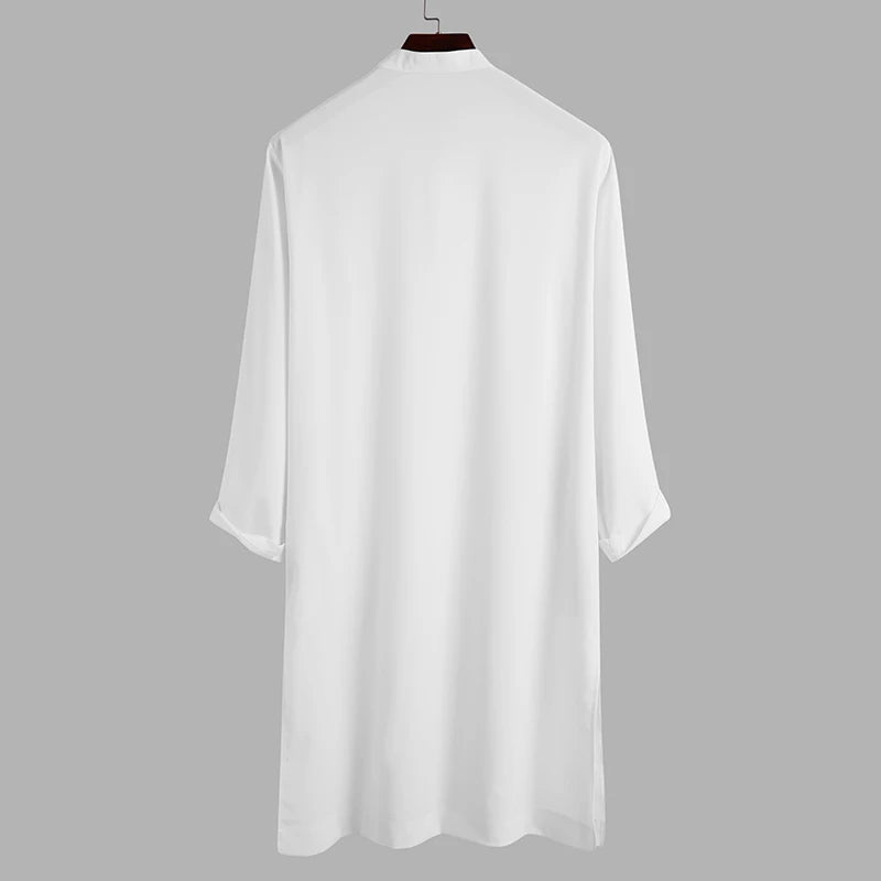 INCERUN Men Muslim Shirt Stand Collar Long Sleeve Islamic Arab Kaftan Solid Color Streetwear Casual Long Shirts Men Clothing 5XL