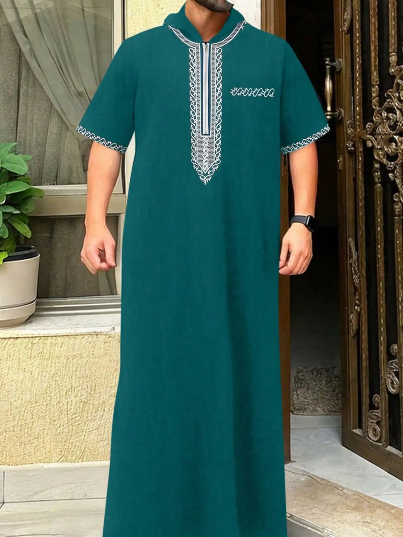 2025Islamic muslim Arabic men's robe long sleeve embroidered stand collar arabian thobe for men