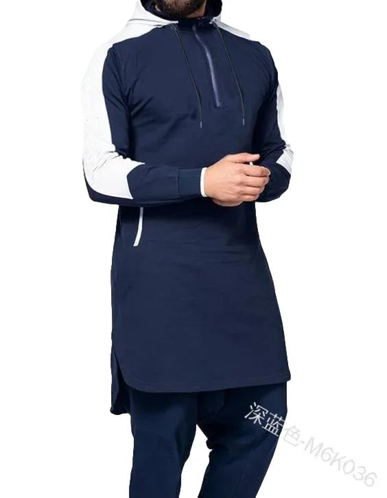 Hooded Men Muslim Jubba Thobe Patchwork Islamic Clothing Long Sleeve Dubai Kaftan Male Saudi Arabia Shirt Plus Size 3XL 4XL