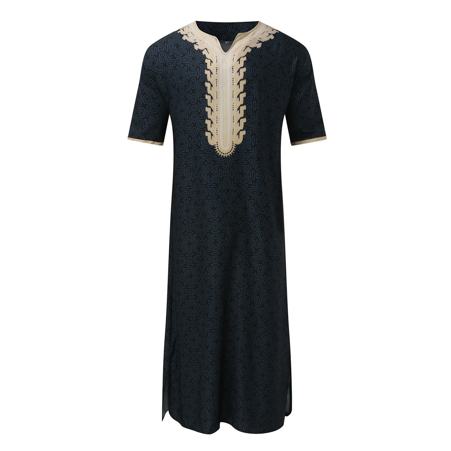 Kaftan Summer Middle Eastern Men's Arab Robe Loose V-neck Short Sleeved Printed Men's Muslim Clothing Islamic Clothing Kaftan