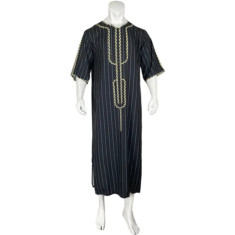 Kaftan Summer Middle Eastern Men's Arab Robe Loose V-neck Short Sleeved Printed Men's Muslim Clothing Islamic Clothing Kaftan