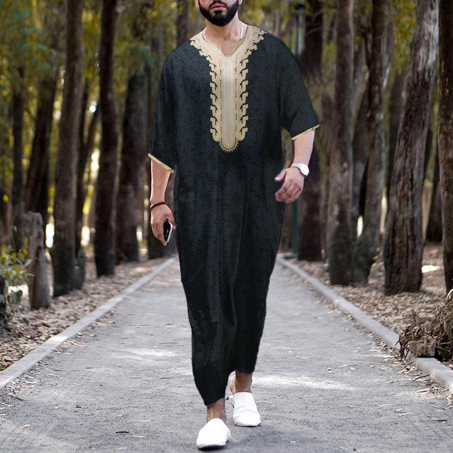 Kaftan Summer Middle Eastern Men's Arab Robe Loose V-neck Short Sleeved Printed Men's Muslim Clothing Islamic Clothing Kaftan