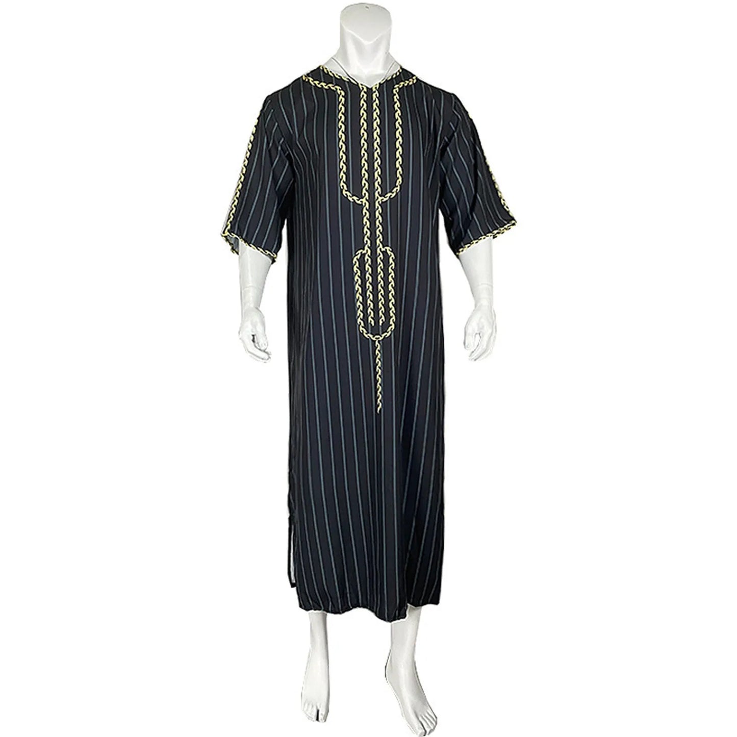Muslim Men'S Clothing Hand-Embroidered Loose Breathable Summer Fashion Loose Robe Dubai Luxury V-Neck Short Sleeve Printing