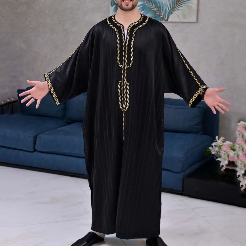 Kaftan Summer Middle Eastern Men's Arab Robe Loose V-neck Short Sleeved Printed Men's Muslim Clothing Islamic Clothing Kaftan