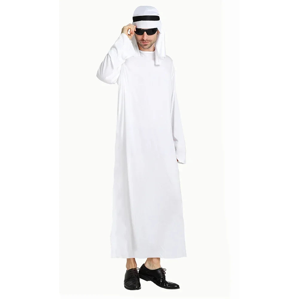 2025 New Adult Men Arabian Arab Sheikh Costume Middle East Clothes Sultan White Robe Red Headband Purim Halloween Fancy Dress