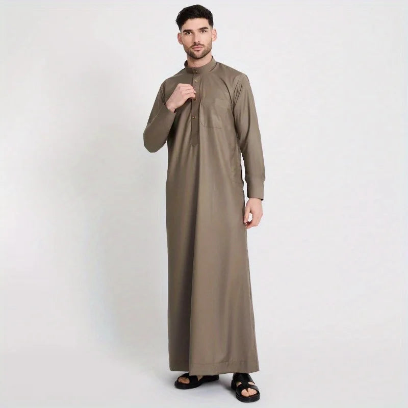 Men's Robe Qatari Stand Collar Robe Pocket Design Arabic Middle Eastern Men's Clothing