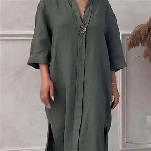 Women's Casual Button-Up Linen irt Long Ne round Color Blo Pet Clothing Accories