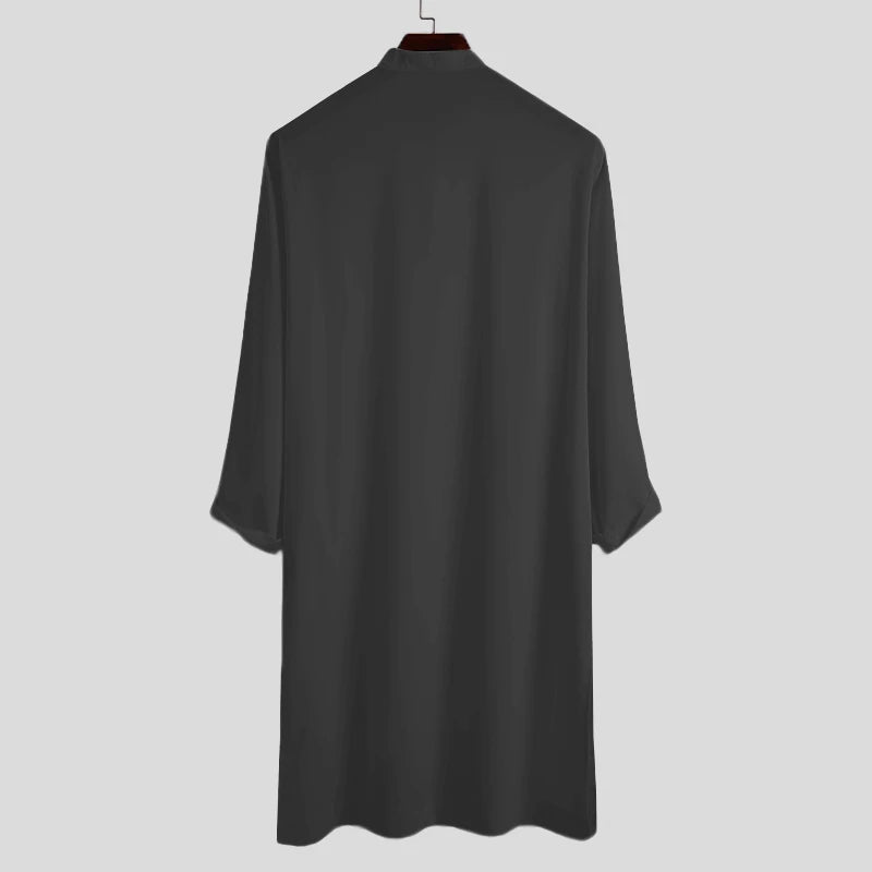 INCERUN Men Muslim Shirt Stand Collar Long Sleeve Islamic Arab Kaftan Solid Color Streetwear Casual Long Shirts Men Clothing 5XL