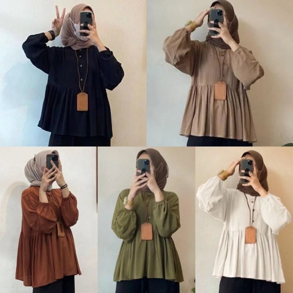 Solid Color Loose Women's T Shirts All Match A-line Muslim Blouse Long Sleeve Islamic Clothing Bottoming Shirts Office