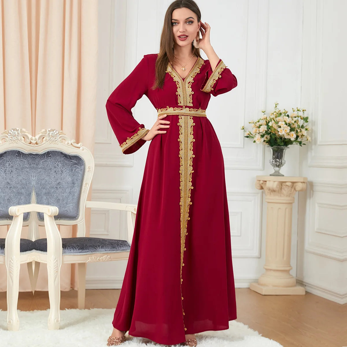 Muslim Women's Clothing Pure Color Splicing Basic Loose Embroidered Long Skirt Long Sleeve Dress