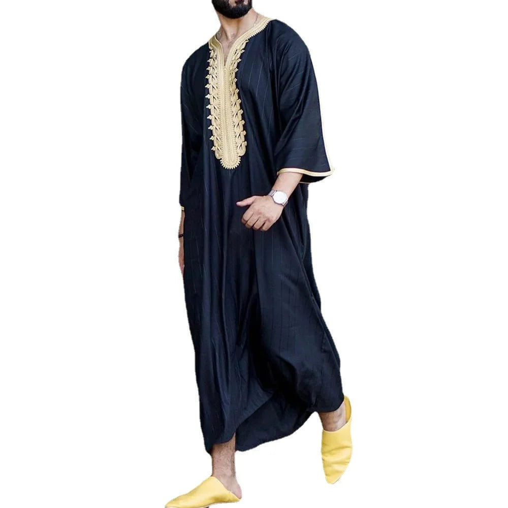 Kaftan Summer Middle Eastern Men's Arab Robe Loose V-neck Short Sleeved Printed Men's Muslim Clothing Islamic Clothing Kaftan