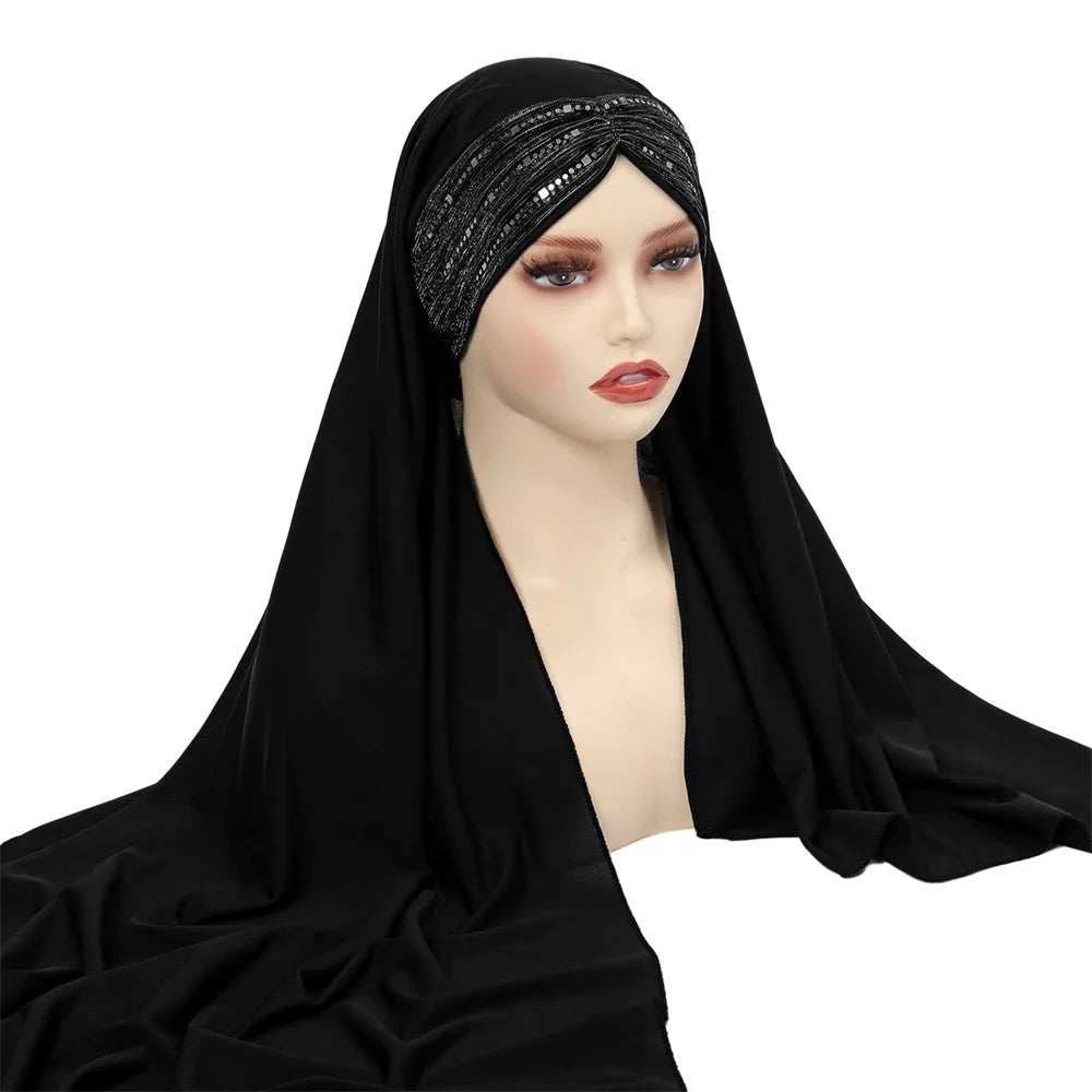 New Muslim Women Khimar Sequin Hijab Cross Forehead Scarf Headwrap Islamic Clothing Headscarf Amira Headband Turbante Mujer