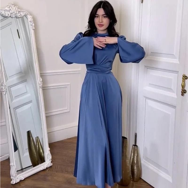 Eid Muslim Party Dress for Women Abaya Morocco Satin Dresses Ramadan Lace-up Abayas Kaftan Islam Dubai Arab Long Robe