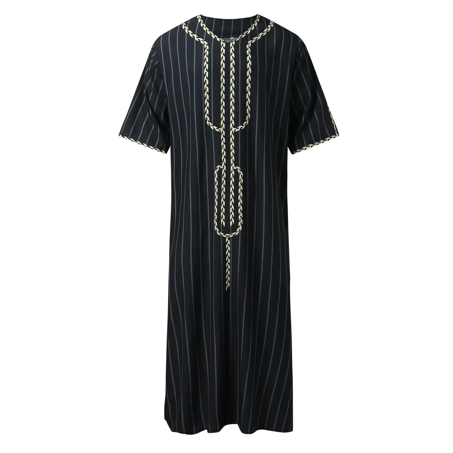 Muslim Men'S Clothing Hand-Embroidered Loose Breathable Summer Fashion Loose Robe Dubai Luxury V-Neck Short Sleeve Printing