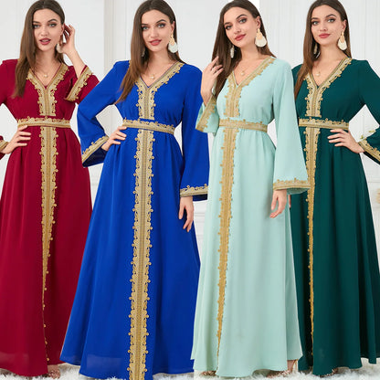 Muslim Women's Clothing Pure Color Splicing Basic Loose Embroidered Long Skirt Long Sleeve Dress