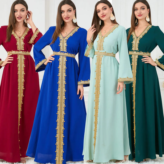 Muslim Women's Clothing Pure Color Splicing Basic Loose Embroidered Long Skirt Long Sleeve Dress