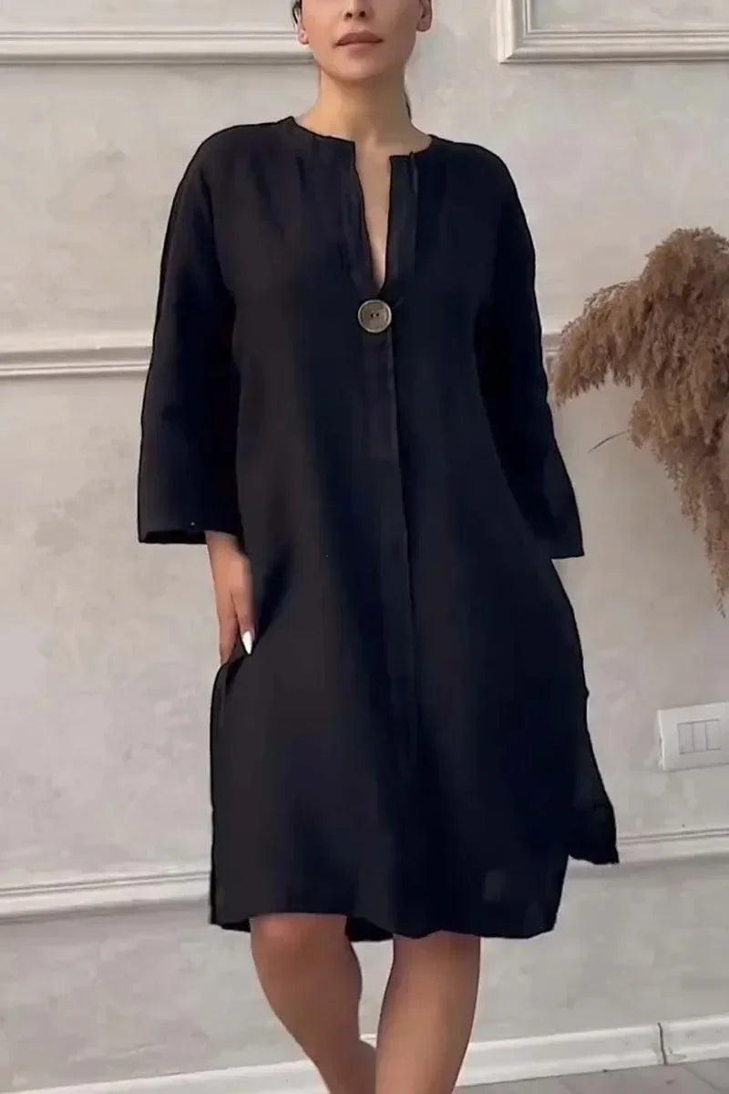 2024 Summer Fashion New Elegant Women's Cotton and Hemp Casual Long Sleeved V-neck Mid Length Commuter Style Solid Color Dress