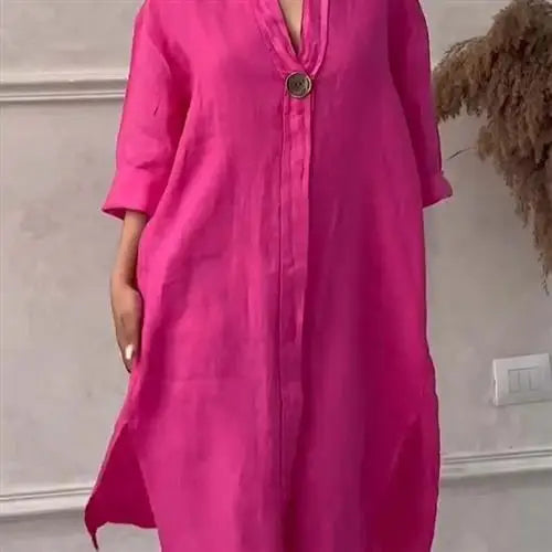 Women's Casual Button-Up Linen irt Long Ne round Color Blo  Pet Clothing Accories
