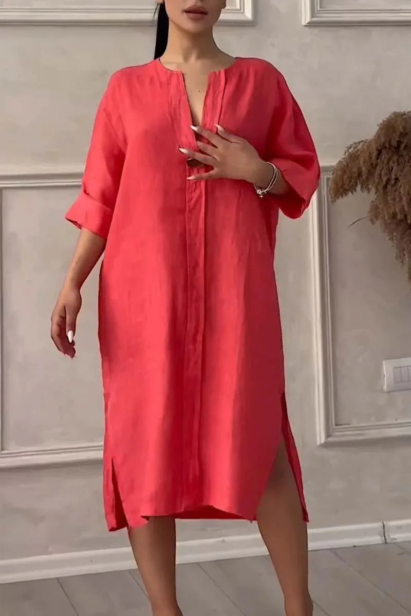 Elegant O-neck Long-sleeved Button Dress For Women Summer Cotton And Linen Solid Color Loose Casual Slit Simple Dress Female