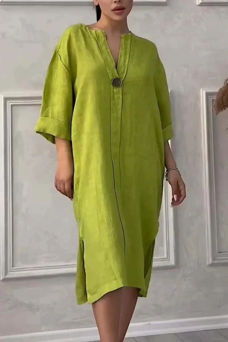 Elegant O-neck Long-sleeved Button Dress For Women Summer Cotton And Linen Solid Color Loose Casual Slit Simple Dress Female