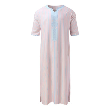 Kaftan Summer Middle Eastern Men's Arab Robe Loose V-neck Short Sleeved Printed Men's Muslim Clothing Islamic Clothing Kaftan