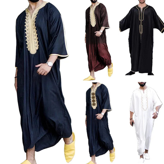 Kaftan Summer Middle Eastern Men's Arab Robe Loose V-neck Short Sleeved Printed Men's Muslim Clothing Islamic Clothing Kaftan