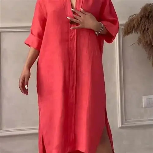 Women's Casual Button-Up Linen irt Long Ne round Color Blo  Pet Clothing Accories