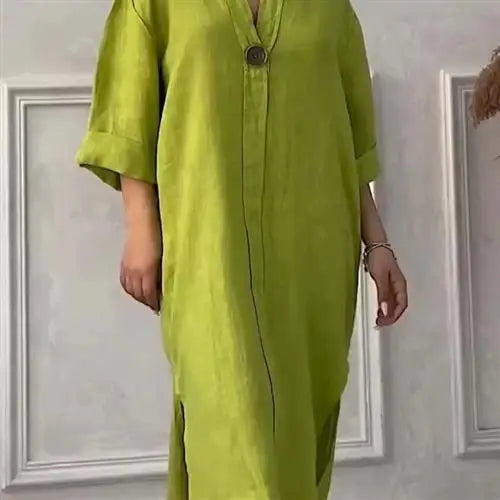 Women's Casual Button-Up Linen irt Long Ne round Color Blo  Pet Clothing Accories