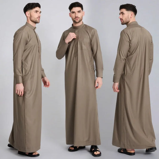 Men's Robe Qatari Stand Collar Robe Pocket Design Arabic Middle Eastern Men's Clothing