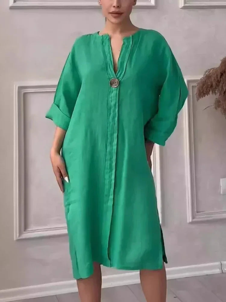 2024 Summer Fashion New Elegant Women's Cotton and Hemp Casual Long Sleeved V-neck Mid Length Commuter Style Solid Color Dress