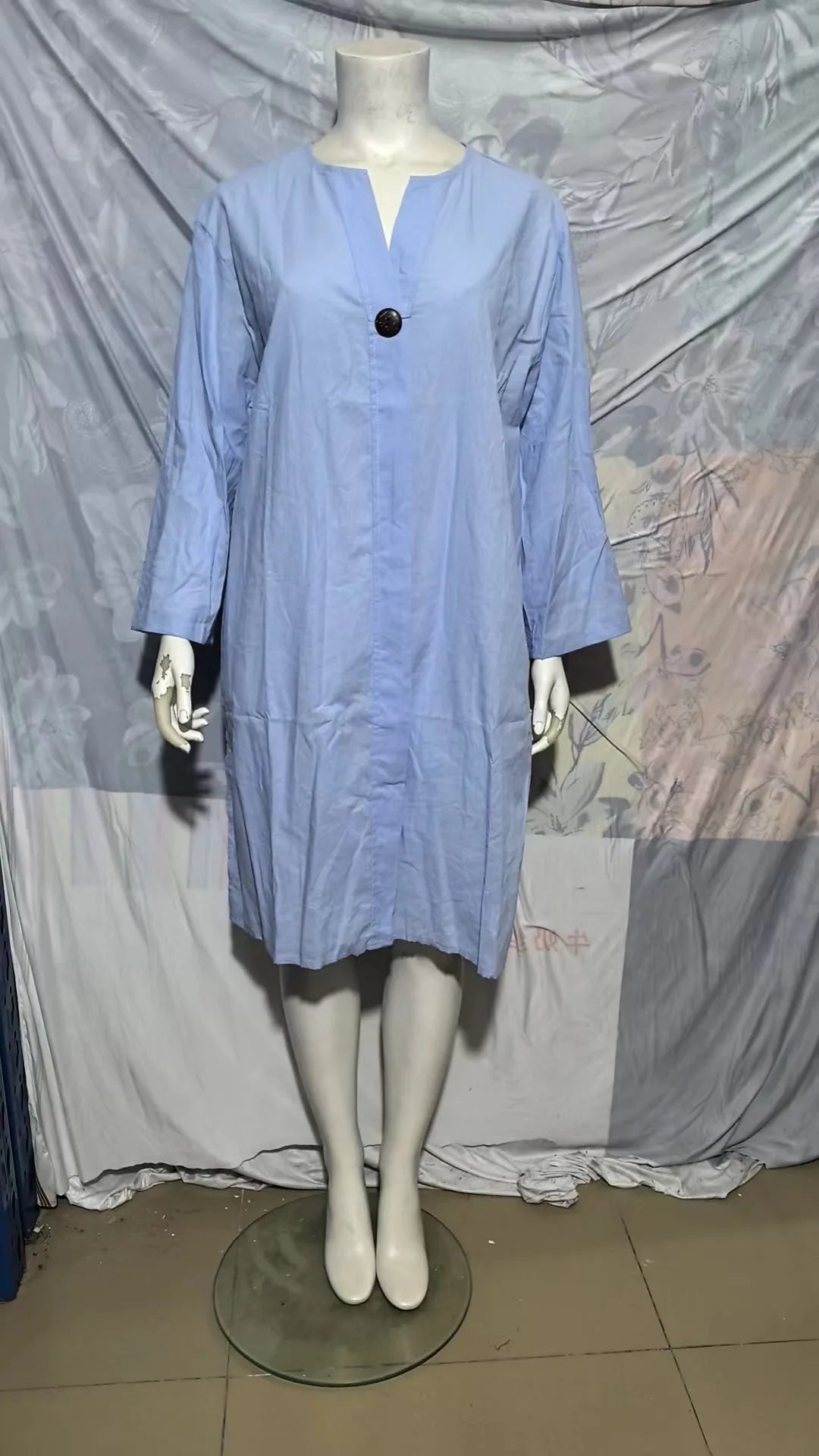 Loose V-neck Two Side Slit Pullover Dress 2024 Women's New Cotton And Linen Solid Color Casual Long-Sleeved Button Maxi Dress