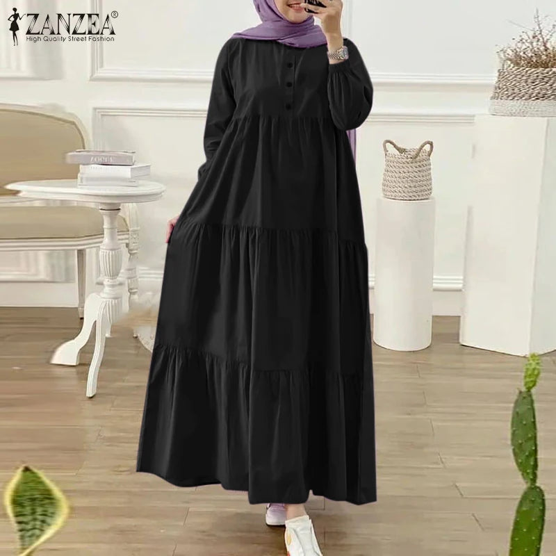 ZANZEA Fashion Women Long Sleeve Solid Ruffles Sundress Islamic Clothing Autumn Muslim Abaya Long Dress Robe Femme Eid Mubarek