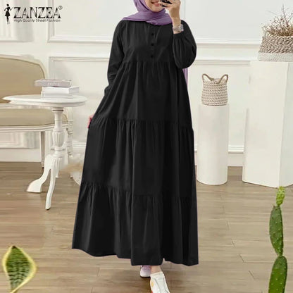 ZANZEA Fashion Women Long Sleeve Solid Ruffles Sundress Islamic Clothing Autumn Muslim Abaya Long Dress Robe Femme Eid Mubarek