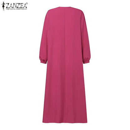 ZANZEA Fashion Women Long Sleeve Solid Ruffles Sundress Islamic Clothing Autumn Muslim Abaya Long Dress Robe Femme Eid Mubarek