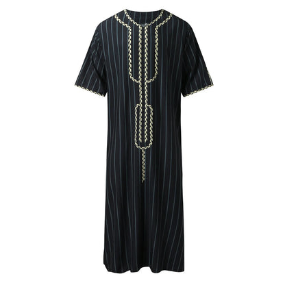 Muslim Men'S Clothing Hand-Embroidered Loose Breathable Summer Fashion Loose Robe Dubai Luxury V-Neck Short Sleeve Printing