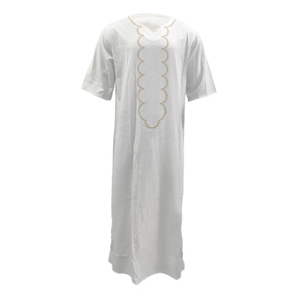 Kaftan Summer Middle Eastern Men's Arab Robe Loose V-neck Short Sleeved Printed Men's Muslim Clothing Islamic Clothing Kaftan
