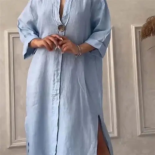 Women's Casual Button-Up Linen irt Long Ne round Color Blo  Pet Clothing Accories