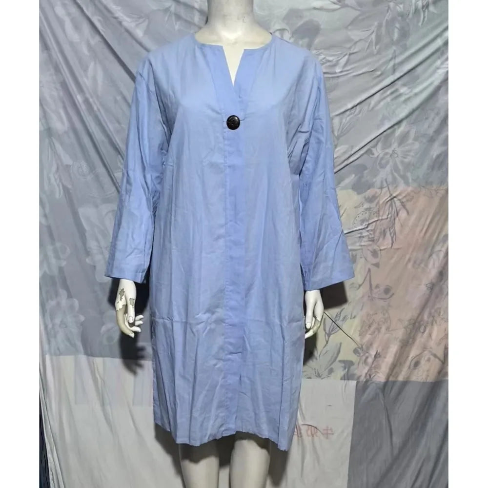 Loose V-neck Two Side Slit Pullover Dress 2024 Women's New Cotton And Linen Solid Color Casual Long-Sleeved Button Maxi Dress