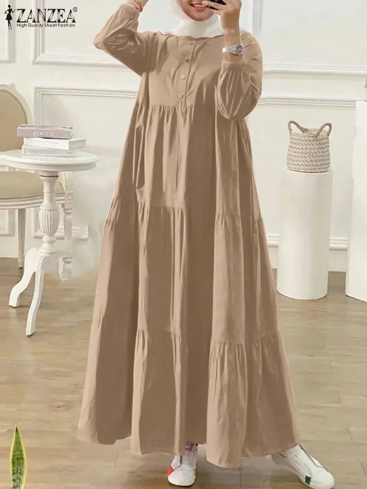 ZANZEA Fashion Women Long Sleeve Solid Ruffles Sundress Islamic Clothing Autumn Muslim Abaya Long Dress Robe Femme Eid Mubarek