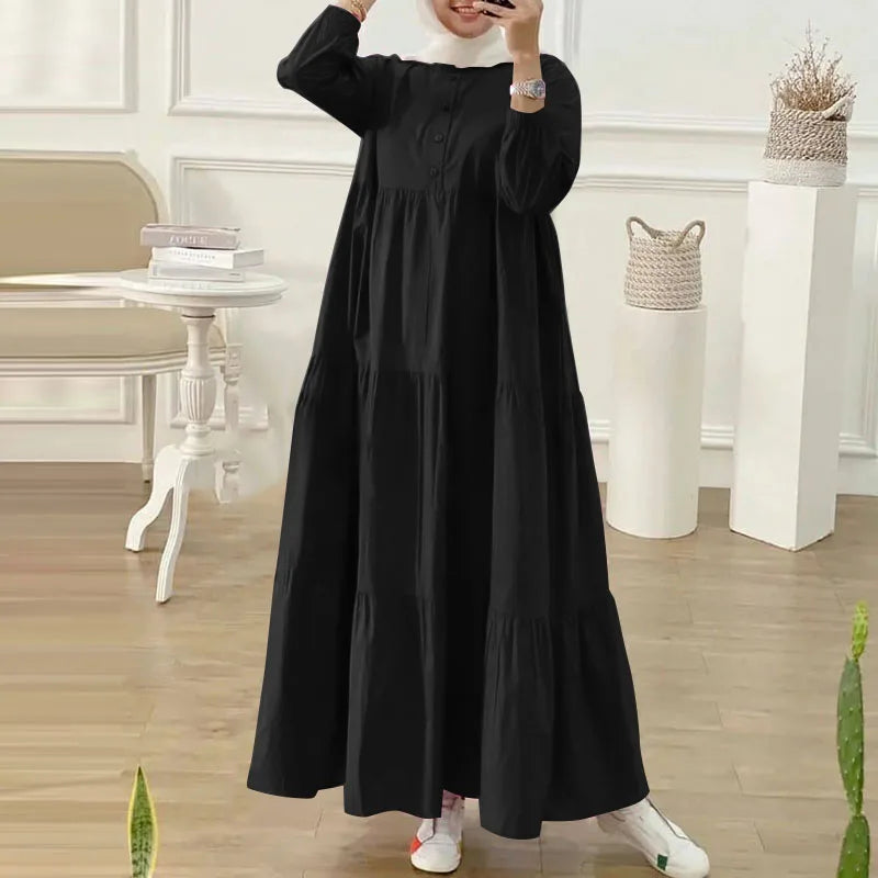 ZANZEA Fashion Women Long Sleeve Solid Ruffles Sundress Islamic Clothing Autumn Muslim Abaya Long Dress Robe Femme Eid Mubarek
