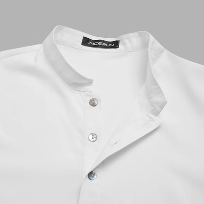 INCERUN Men Muslim Shirt Stand Collar Long Sleeve Islamic Arab Kaftan Solid Color Streetwear Casual Long Shirts Men Clothing 5XL