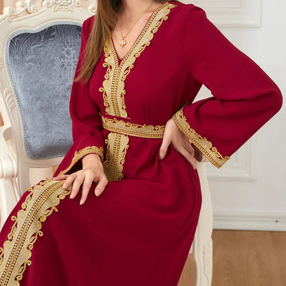 Muslim Women's Clothing Pure Color Splicing Basic Loose Embroidered Long Skirt Long Sleeve Dress