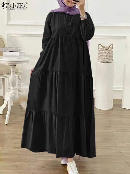 ZANZEA Fashion Women Long Sleeve Solid Ruffles Sundress Islamic Clothing Autumn Muslim Abaya Long Dress Robe Femme Eid Mubarek