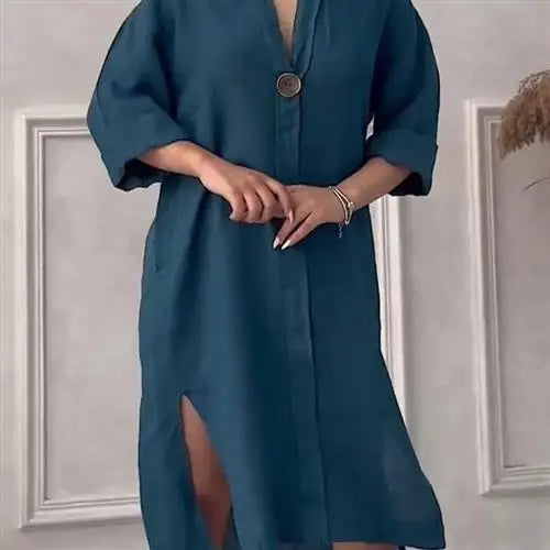 Women's Casual Button-Up Linen irt Long Ne round Color Blo  Pet Clothing Accories