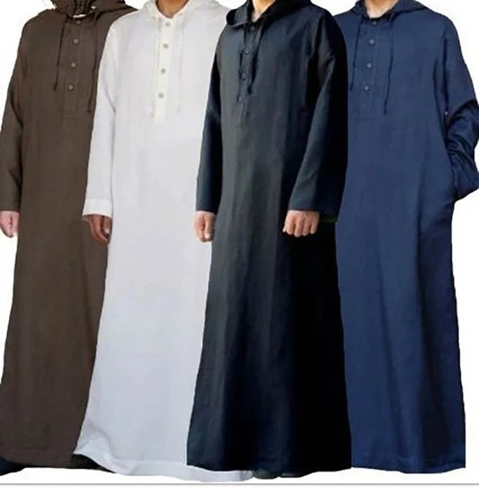 Men's Muslim Robes Saudi Arabia Juba Islamic Kafatan Casual Loose Robe Shirt Solid Color Long Sleeve Hooded Button Pocket Robe