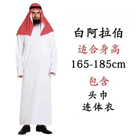 2025 New Adult Men Arabian Arab Sheikh Costume Middle East Clothes Sultan White Robe Red Headband Purim Halloween Fancy Dress