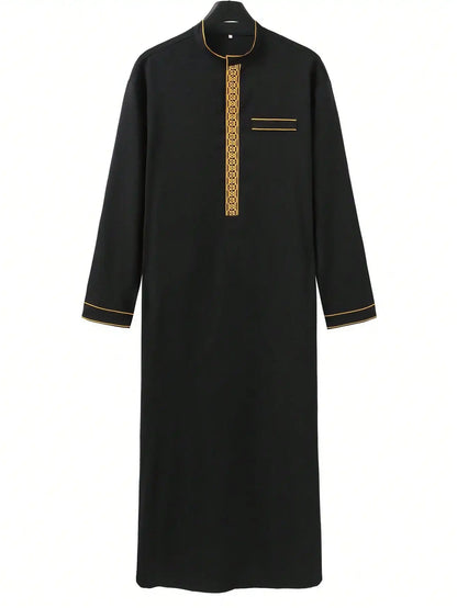 2025Islamic muslim Arabic men's robe long sleeve embroidered stand collar arabian thobe for men