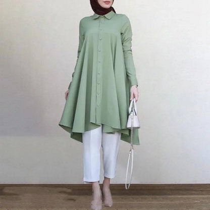 Muslim Women's Clothing Solid Color Lapel Coat Button Placket Dovetail Curved Hem Multi-color Long-sleeved Women's Shirt