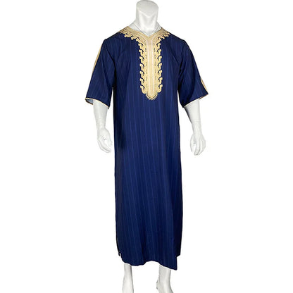 Kaftan Summer Middle Eastern Men's Arab Robe Loose V-neck Short Sleeved Printed Men's Muslim Clothing Islamic Clothing Kaftan